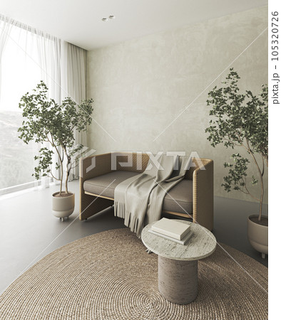 Conceptual interior livingroom with stucco beige wall. Creative composition bench with stone table in pastel color. Mockup empty background. 3d rendering. High quality 3d illustration 105320726