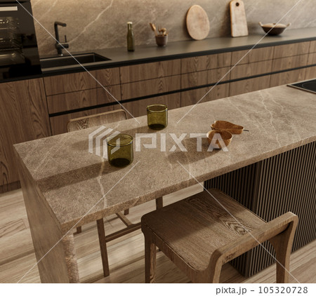 Japandi modern light scandinavian style apartment interior design. Brown color kitchen with wooden cabinet, marble counter top island close up. 3d rendering illustration Japandi modern light scandinavian style apartment interior design. Brown color kitchen with wooden cabinet, marble counter top island close up. 3d rendering illustration 105320728