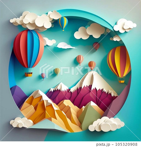 Beautiful landscape with clouds on blue sky, mountains, sun, air balloon and rainbow. Paper cut style. 105320908