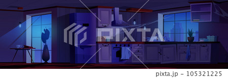 Night abandoned kitchen interior and table cartoon 105321225