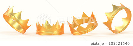 Golden crowns for king, queen, prince or princess 3d render icons set. Royal gold metal coronas, monarchy medieval emperor coronation symbol ascension to throne isolated on background. 3D illustration Golden crowns for king, queen, prince or princess 3d render icons set. Royal gold metal coronas, monarchy medieval emperor coronation symbol ascension to throne isolated on background. 3D illustration 105321540