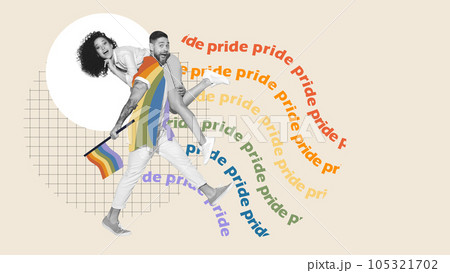 Young man carrying beautiful woman on his shoulder. Pride month. Lgbt support. Contemporary art collage. Young man carrying beautiful woman on his shoulder. Pride month. Lgbt support. Contemporary art collage. 105321702