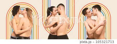 Different couples, lesbian, gay and straight hugging and kissing over rainbow elements. Contemporary art collage. Different couples, lesbian, gay and straight hugging and kissing over rainbow elements. Contemporary art collage. 105321713