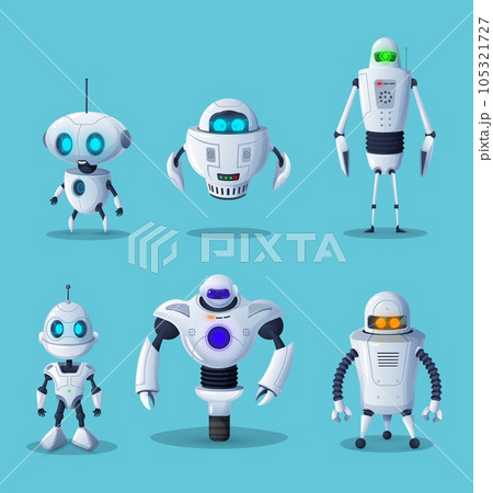 Robot cartoon characters of vector ai future technology and science design. Artificial intelligence machines, cyborgs or androids, humanoid robots with white metal body parts, buttons and cute faces 105321727