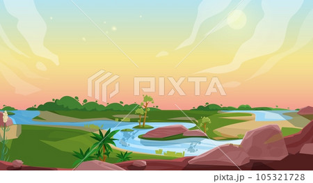 Nature landscape cartoon vector background of game animation, user interface or ui design. Ground, sky, forest trees and grass meadow levels with river, sun and clouds, rocks and tropical plants 105321728