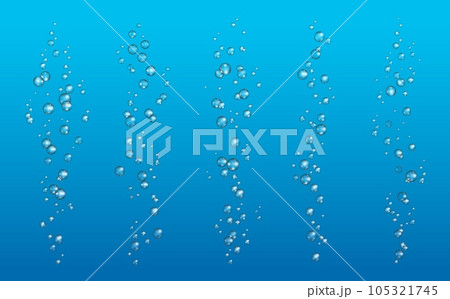 Underwater air bubbles realistic vector design of soda water, fizzing champagne, fizzy drink or sparkling beverage. 3d bubble streams of clear sea water, aquarium oxygen pump and effervescent powder 105321745