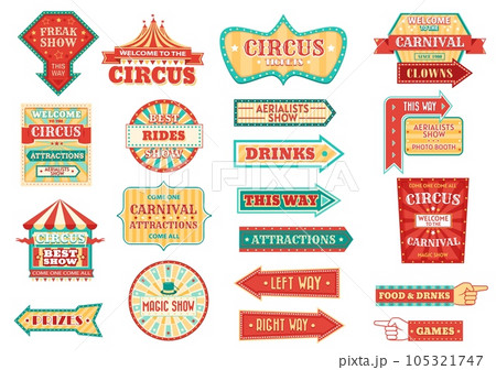 Big top circus show retro signs, glowing arrow pointers. Carnival and fair signage, circus freak show and aerialists performance, magical and clown show, food and drinks illuminating pointers vector 105321747