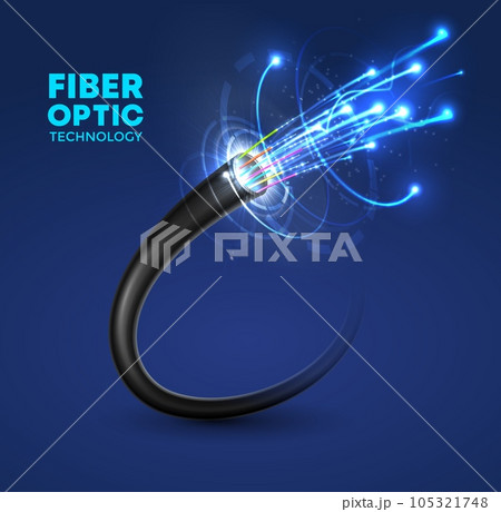Fiber optic cable technology vector design of internet, network, speed data connection and telecommunication. Multi fiber wire with cores in color jackets and blue neon lines, communication networking 105321748