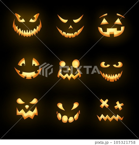 Glowing monster faces isolated vector icons, Halloween horror emoticons. Scary emojis of angry zombie, devil and demon, ghost and alien, spooky creatures with evil eyes, teeth and creepy smiles set 105321758