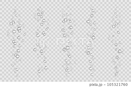 Soda bubbles, water or oxygen air fizz, vector dynamic aqua effervescent, rising up underwater fizzing, carbonated drink, mineral water elements isolated on transparent background, realistic 3d set 105321760
