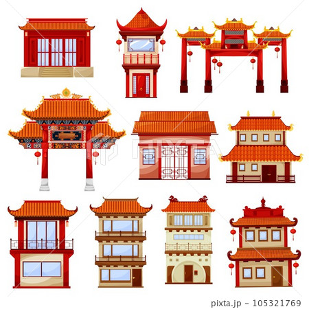 Chinese buildings, temples architecture. Traditional china town with pagoda and gate decorated with red paper festive lanterns. Ancient asian architectural structure, buildings facades exterior design 105321769