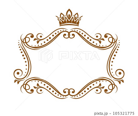 Royal medieval frame with crown, vector embellishment border with flourishes and floral ornament. Elegant vintage template for wedding invitation, heralding decoration isolated on white background Royal medieval frame with crown, vector embellishment border with flourishes and floral ornament. Elegant vintage template for wedding invitation, heralding decoration isolated on white background 105321775