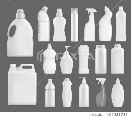 Household chemicals vector bottles, detergent blank packages mockup. White realistic plastic tubes with handle, pump, sprayer for liquid soap, stain remover, laundry bleach or cleaner isolated 3d set Household chemicals vector bottles, detergent blank packages mockup. White realistic plastic tubes with handle, pump, sprayer for liquid soap, stain remover, laundry bleach or cleaner isolated 3d set 105321783