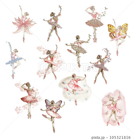 Watercolor dancing ballerina in red dress with butterflies. Hand drawn classic ballet performance, pose. Young pretty ballerina women illustration. Can be used for postcard and posters. 105321816