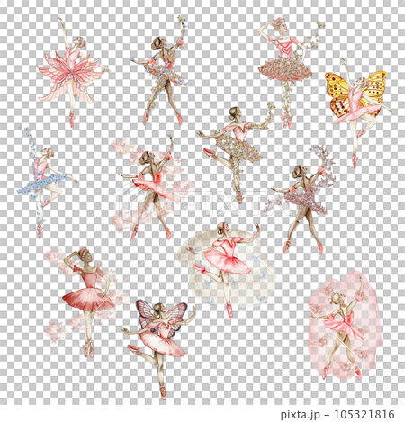 Watercolor dancing ballerina in red dress with butterflies. Hand drawn classic ballet performance, pose. Young pretty ballerina women illustration. Can be used for postcard and posters. 105321816