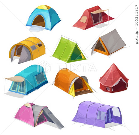 Cartoon tents vector icons, camping equipment, campsite domes, houses for outdoor recreation and hiking adventure. Sport and travel touristic marquees with ropes, windows and canopy isolated set 105321817