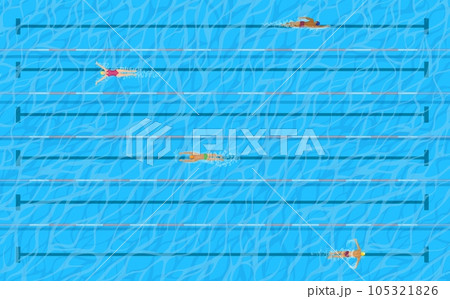 Pool with swimmers on lanes top view, vector water sport design. Racing pool with swimming people, men and woman with swimwear and caps, blue water, stripped lane ropes and markings Pool with swimmers on lanes top view, vector water sport design. Racing pool with swimming people, men and woman with swimwear and caps, blue water, stripped lane ropes and markings 105321826