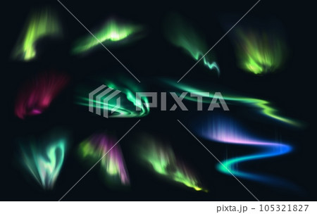 Aurora northern, polar and southern lights realistic vector on night sky background. Aurora polaris, borealis and australis with green, blue, pink and purple neon lights, shining rays and swirls Aurora northern, polar and southern lights realistic vector on night sky background. Aurora polaris, borealis and australis with green, blue, pink and purple neon lights, shining rays and swirls 105321827