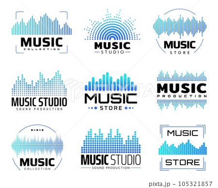 Music icons with equalizers, isolated vector symbols with audio or radio waves or sound frequency lines. Audio player display waveform, soundwave recorder signal. Music studio production labels set 105321857
