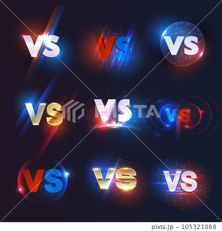 Versus or VS vector icons of sport game competition, symbols of fight, battle, team challenge and boxing duel. Red, blue, white and gold VS emblems with neon lights, glowing lines and sparkles 105321868