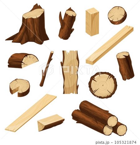 Timber vector set with wood logs, chopped tree trunks, stump with bark and firewood pile, lumber cuts of plank, board and beam, log slices and branch sticks. Cartoon woodwork, timbering and carpentry Timber vector set with wood logs, chopped tree trunks, stump with bark and firewood pile, lumber cuts of plank, board and beam, log slices and branch sticks. Cartoon woodwork, timbering and carpentry 105321874