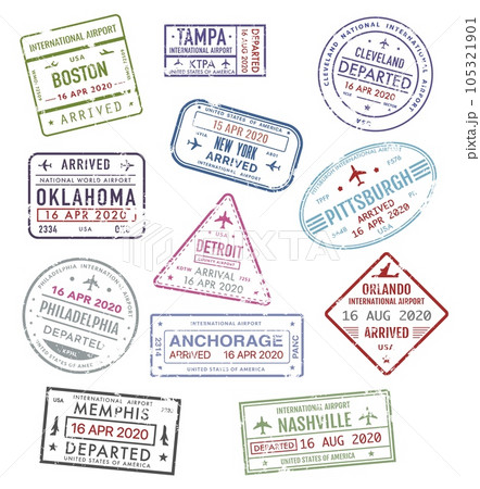 Stamps of USA, passport travel visas of US airport, vector icons, international departure and arrival. America airport passport travel stamps of New York, Boston, Orlando, Philadelphia and Pittsburgh Stamps of USA, passport travel visas of US airport, vector icons, international departure and arrival. America airport passport travel stamps of New York, Boston, Orlando, Philadelphia and Pittsburgh 105321901