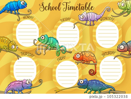 School timetable vector template of student schedule, education design. School timetable weekly planner with lesson chart layout with background frame of cute cartoon chameleon lizards 105322038