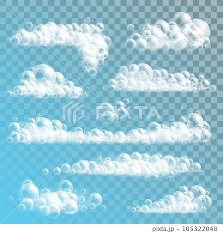 Soap bubbles realistic vector mockup on transparent background. Water and liquid soap foam stripes, 3d bubbles of shower gel, bath foam or laundry detergent with reflections 105322048