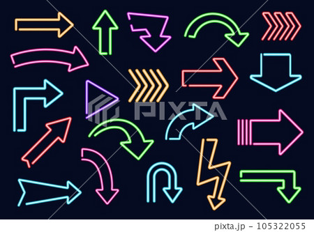 Neon light arrow pointer vector signs on dark background. Glowing blue, green, pink and purple direction pointers, casino, night show or party, club, bar or cinema design Neon light arrow pointer vector signs on dark background. Glowing blue, green, pink and purple direction pointers, casino, night show or party, club, bar or cinema design 105322055