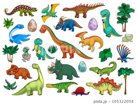 Dinosaurs cartoon set with cute dino animals, babies in eggs and palm trees. Funny triceratops, stegosaurus, brontosaurus, t-rex and tyrannosaurus, pterodactyl, ankylosaurus and brachiosaurus 105322058