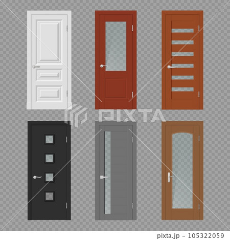 Interior door, room doorway and entrance realistic vector mockups. Wood doors on transparent background 3d template with casing frames, glass panels, silver metal handles and hinges, interior design Interior door, room doorway and entrance realistic vector mockups. Wood doors on transparent background 3d template with casing frames, glass panels, silver metal handles and hinges, interior design 105322059