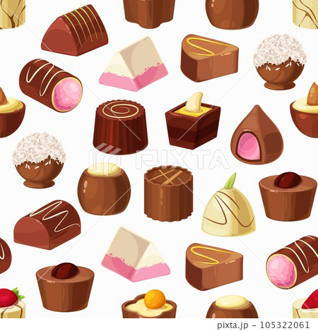Chocolate candies seamless pattern of sweet food vector background. Truffle desserts, white, milk and dark chocolate with nut praline, caramel, cocoa powder and coffee cream, coconut and nougat Chocolate candies seamless pattern of sweet food vector background. Truffle desserts, white, milk and dark chocolate with nut praline, caramel, cocoa powder and coffee cream, coconut and nougat 105322061