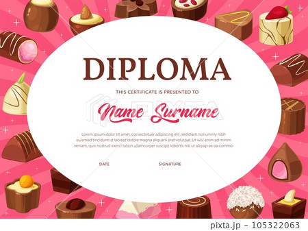 Diploma certificate vector template of kid education, school or kindergarten graduation with chocolate candies background. Student achievement award or appreciation certificate with chocolate desserts Diploma certificate vector template of kid education, school or kindergarten graduation with chocolate candies background. Student achievement award or appreciation certificate with chocolate desserts 105322063
