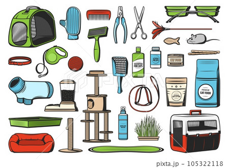 Pet care supplies for cats, vector icons. Food, grooming brush and glove accessories, toys, stand house on scratching posts, feeder and feeding bowl stand, carrier and litter tray with scoop 105322118