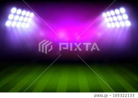 Soccer or football sport stadium field with lights, realistic vector background. Empty green grass playground or play field of sporting arena with lighting masts and spotlights, championship design 105322133