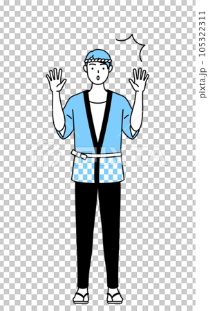 A man wearing a summer festival happi coat raising his hand in surprise A man wearing a summer festival happi coat raising his hand in surprise 105322311