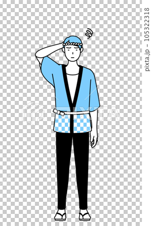 A man wearing a summer festival happi coat scratching his head in trouble A man wearing a summer festival happi coat scratching his head in trouble 105322318