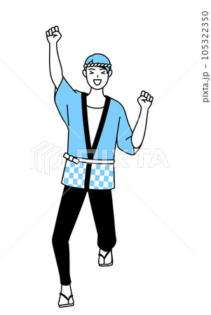 笑顔でジャンプする夏祭りの法被を着た男性 105322350