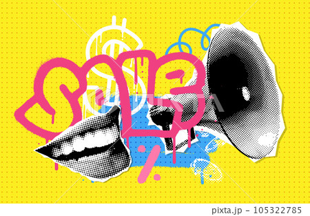 Thendy y2k halftone collage with megaphone. Female mouth with Loudspeaker announcing crazy promotions. Retro composition. 80s, 90s urban graffiti style. Psychedelic art. Discounts vector grunge banner Thendy y2k halftone collage with megaphone. Female mouth with Loudspeaker announcing crazy promotions. Retro composition. 80s, 90s urban graffiti style. Psychedelic art. Discounts vector grunge banner 105322785