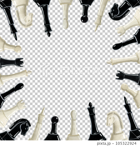 Watercolor chess king, queen, pawn pieces square frame template illustration with copy space for text. Hand drawn clipart for sports, games and hobby designs 105322924