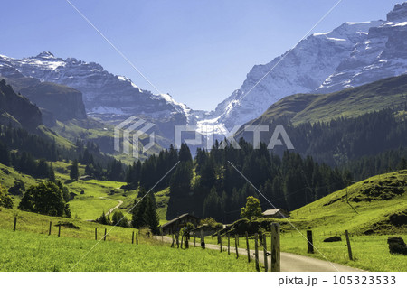 Switzerland Mountain valley Kiental, Berner Oberland Alps. Snow mountains, sunny weather, travel to Swiss. 105323533