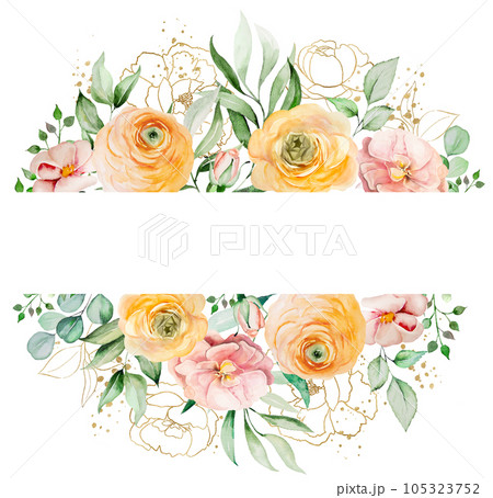 Frame with orange and yellow watercolor flowers and green leaves, isolated wedding illustration Frame with orange and yellow watercolor flowers and green leaves, isolated wedding illustration 105323752