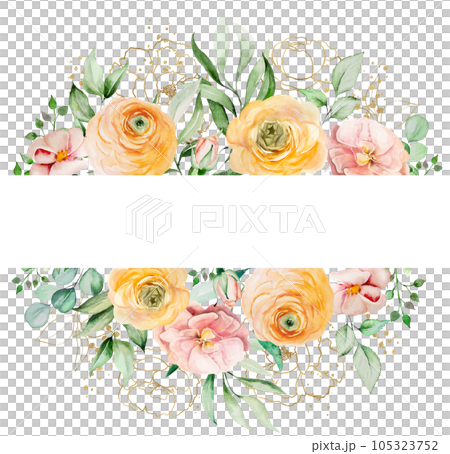 Frame with orange and yellow watercolor flowers and green leaves, isolated wedding illustration Frame with orange and yellow watercolor flowers and green leaves, isolated wedding illustration 105323752