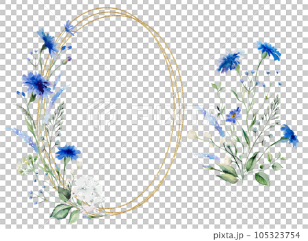 Watercolor blue cornflowers and wildflowers oval frame and bouquet, wedding illustration Watercolor blue cornflowers and wildflowers oval frame and bouquet, wedding illustration 105323754