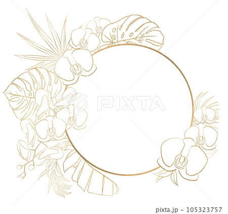 Bohemian round frame with Golden tropical leaves and orchid flowers, isolated wedding illustration Bohemian round frame with Golden tropical leaves and orchid flowers, isolated wedding illustration 105323757