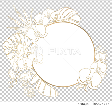 Bohemian round frame with Golden tropical leaves and orchid flowers, isolated wedding illustration Bohemian round frame with Golden tropical leaves and orchid flowers, isolated wedding illustration 105323757