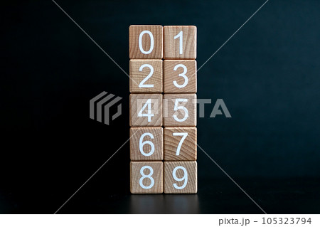 Several wooden blocks arranged from 0-9 vertically against a black background. 105323794