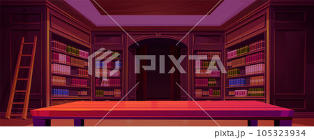 Retro library with many books on wooden shelves Retro library with many books on wooden shelves 105323934