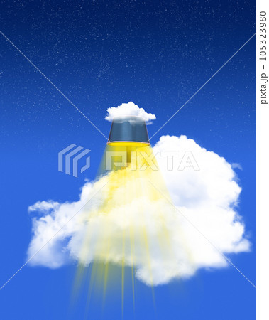 Conceptual creative design with lamp and cloud epressing light over blue sky background. Contemporary art collage. 105323980