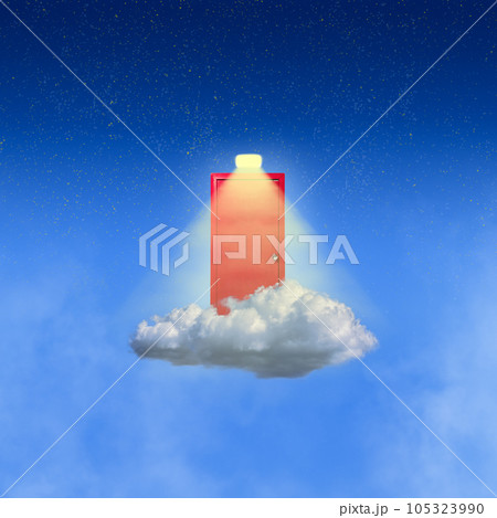 Conceptual design with door on cloud, light and new path. Secrets, new beginning. Contemporary art collage. Conceptual design with door on cloud, light and new path. Secrets, new beginning. Contemporary art collage. 105323990